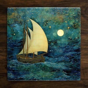 May include: A watercolor painting of a sailboat with a white sail, sailing on a dark blue sea under a starry night sky with a full moon. The water is painted with a textured, swirling pattern.