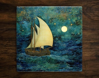 Sailing Through a Dream, Art on a Glossy Ceramic Decorative Tile, Free Shipping to USA