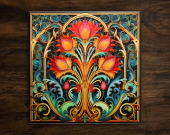 Art Nouveau Ceramic Tile: Ornate Floral Art Deco Design