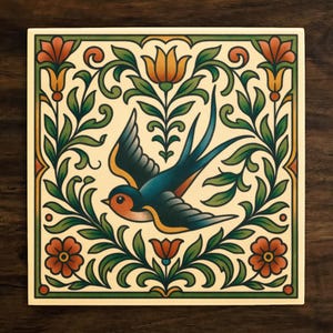 May include: Square ceramic tile featuring a stylized blue swallow in flight, surrounded by a floral design. The artwork includes orange, green, and yellow accents, set against a cream background. The tile has a decorative, vintage aesthetic.