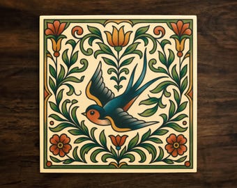 Swallow Ceramic Tile: American Traditional Art, Floral Home Decor