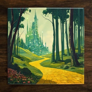 May include: A yellow brick road winds through a lush green forest towards a large, emerald green castle in the distance. The castle has many towers and is surrounded by a sparkling light.