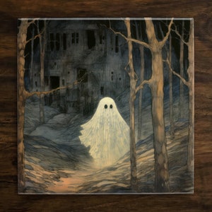 May include: A white ghost with two black eyes floats in a dark forest with tall trees and a dilapidated building in the background.