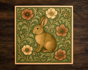Woodland Rabbit & Poppies – Glossy Ceramic Art Tile by Tiley (6x6 or 8x8)