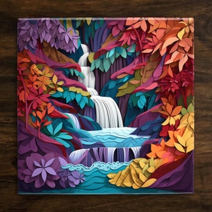 May include: A paper art illustration of a waterfall cascading through a lush forest. The scene is vibrant with shades of purple, green, blue, and orange.