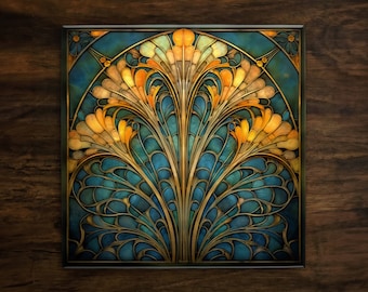 May include: A square tile with a stained glass design featuring a stylized floral pattern in shades of blue, gold, and yellow. The design is reminiscent of Art Nouveau style.