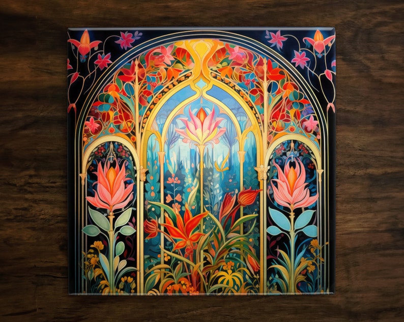 Puede incluir: Un dise&ntilde;o de vitral colorido con un motivo floral. La ventana presenta un arco central con un fondo azul y flores rosas. El vidrio circundante est&aacute; decorado con intrincados patrones en tonos de rojo, amarillo, verde y azul.