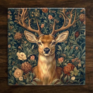 May include: A detailed illustration of a deer with antlers, surrounded by a tapestry of lush green foliage, flowers, and vines. The deer has a brown and white coat and a delicate crown of pearls.