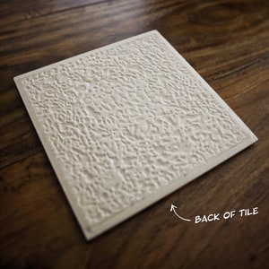 Puede incluir: La parte posterior de un azulejo de cer&aacute;mica blanco con una superficie texturizada. El azulejo es rectangular y tiene una textura rugosa y desigual. El texto "BACK OF TILE" est&aacute; escrito en la esquina inferior derecha del azulejo.