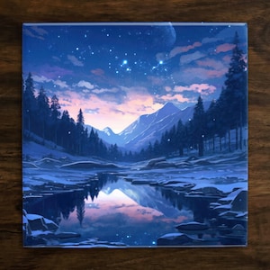 Nighttime Winter Snowy Landscape | Wonders of Nature Art (#3), on a Glossy Ceramic Decorative Tile, Free Shipping to USA