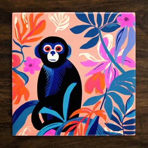 May include: A black monkey with blue eyes and a pink background. The monkey is surrounded by colorful tropical leaves and flowers.