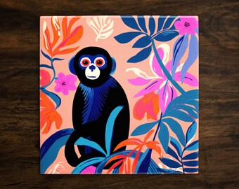 Stylish Monkey Art, on a Glossy Ceramic Decorative Tile, Free Shipping to USA