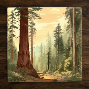 Vintage-Style Illustration | Forest | Nature Art (#6), on a Glossy Ceramic Decorative Tile, Free Shipping to USA