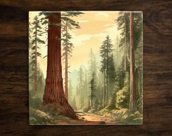 Vintage-Style Illustration | Forest | Nature Art (#6), on a Glossy Ceramic Decorative Tile, Free Shipping to USA