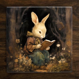 Enchanted Forest Rabbit Art: Glossy Ceramic Decorative Tile