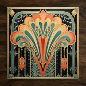 May include: An Art Deco-style design with a symmetrical, stylized floral motif. The artwork features a vibrant color palette of coral, teal, and gold against a dark navy background. The design is framed with gold accents and a square border.