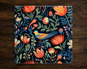 May include: A colorful floral pattern with a yellow bird on a dark blue background. The pattern features red, orange, yellow, green, and blue flowers and leaves.