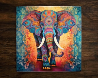 Elephant Zen Majesty, Art on a Glossy Ceramic Decorative Tile, Free Shipping to USA