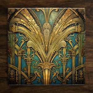 May include: A decorative tile with an intricate design featuring gold and teal colors. The design is reminiscent of Art Deco architecture with geometric shapes and floral motifs.