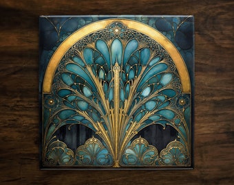 May include: A decorative tile featuring a gold and blue geometric design. The design incorporates a fan-shaped pattern with intricate details.