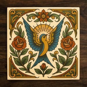 May include: Square ceramic tile featuring a stylized bird with outstretched wings, radiating sun, and roses. The bird is yellow and blue, set against a cream background. The border includes orange, green, and gold decorative elements. A decorative piece.