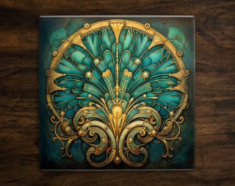 May include: A square ceramic tile featuring a decorative design in gold and teal blue. The design resembles a stylised flower or a peacock feather.