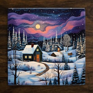 Cozy Winter Nights, Art on a Glossy Ceramic Decorative Tile, Free Shipping to USA