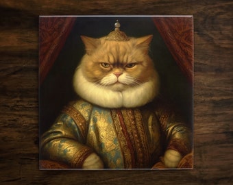 Portrait of a Persian Cat | 17th-Century Inspired Art (#2), on a Glossy Ceramic Decorative Tile, Free Shipping to USA