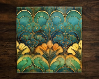 May include: A square tile with a decorative pattern of teal, gold, and yellow floral designs. The tile has a vintage, watercolor-like appearance.