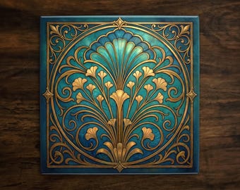 Art Nouveau Ginkgo Ceramic Tile • Teal & Gold Backsplash Accent