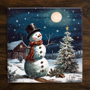 Snowman's Winter Wonderland | Christmas Art, on a Glossy Ceramic Decorative Tile, Free Shipping to USA