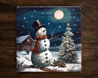 Snowman's Winter Wonderland | Christmas Art, on a Glossy Ceramic Decorative Tile, Free Shipping to USA