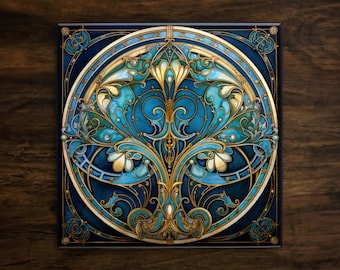 May include: A square tile with a blue and gold art nouveau design. The design features a stylized tree with intricate branches and leaves. The tile has a dark blue background and a gold border.