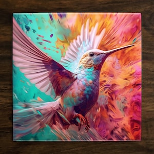 Beautiful & Vibrant Hummingbird Art, on a Glossy Ceramic Decorative Tile, Free Shipping to USA