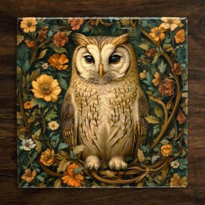May include: A white and brown owl with yellow eyes is perched in a lush green and yellow floral pattern. The owl is surrounded by leaves, flowers, and vines.