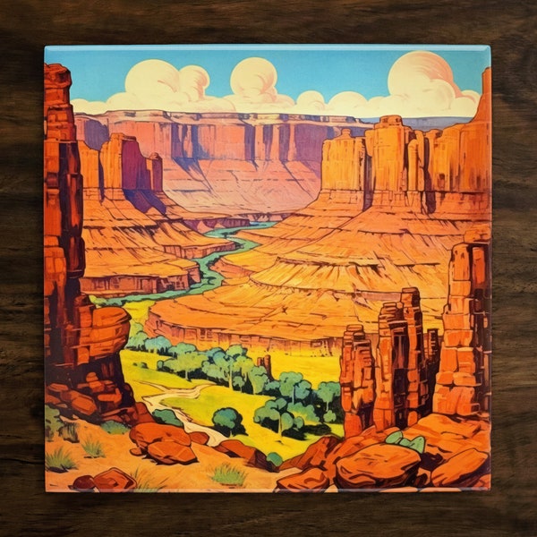Grand Canyon Vintage Style Art, on a Glossy Ceramic Decorative Tile, Free Shipping to USA