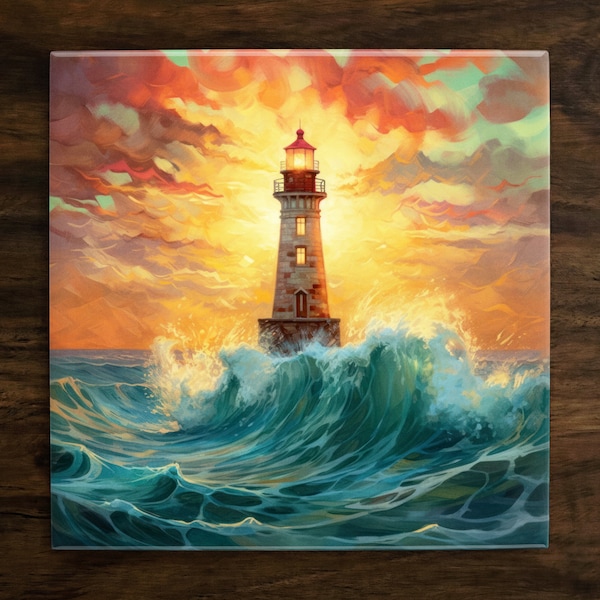 Ocean Lighthouse Art, on a Glossy Ceramic Decorative Tile, Free Shipping to USA