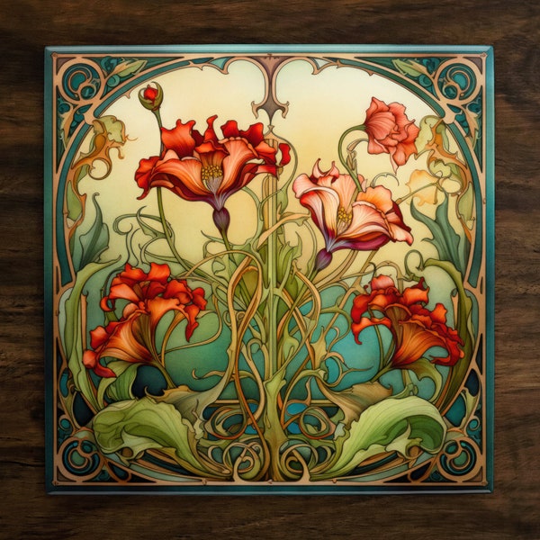 Art Nouveau Floral Ceramic Tile: Ornate 1920s Style