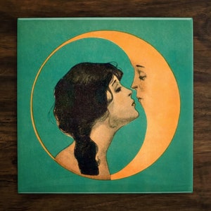 Kissing the Moon, Art on a Glossy Ceramic Decorative Tile, Free Shipping to USA