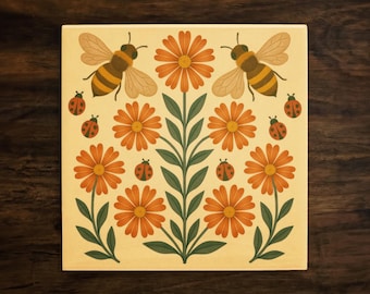Bee and Ladybug Garden Ceramic Tile: Folk Art Decor