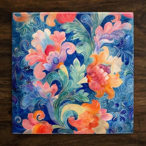 Floral Fantasy, Art on a Glossy Ceramic Decorative Tile, Free Shipping to USA