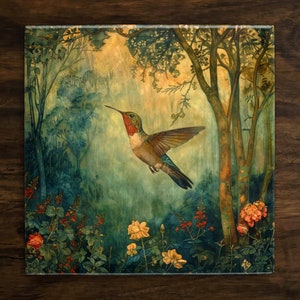May include: A watercolor painting of a hummingbird in flight, with a green, blue, and red body, against a background of trees and flowers. The hummingbird is flying towards the right side of the image.