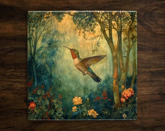 Hummingbird Haven, Art on a Glossy Ceramic Decorative Tile, Free Shipping to USA