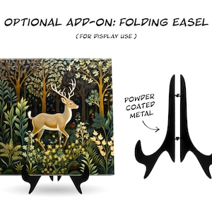 May include: A black folding easel stand made of powder coated metal. The stand is designed to display artwork or other objects. The stand is folded and ready to be used.