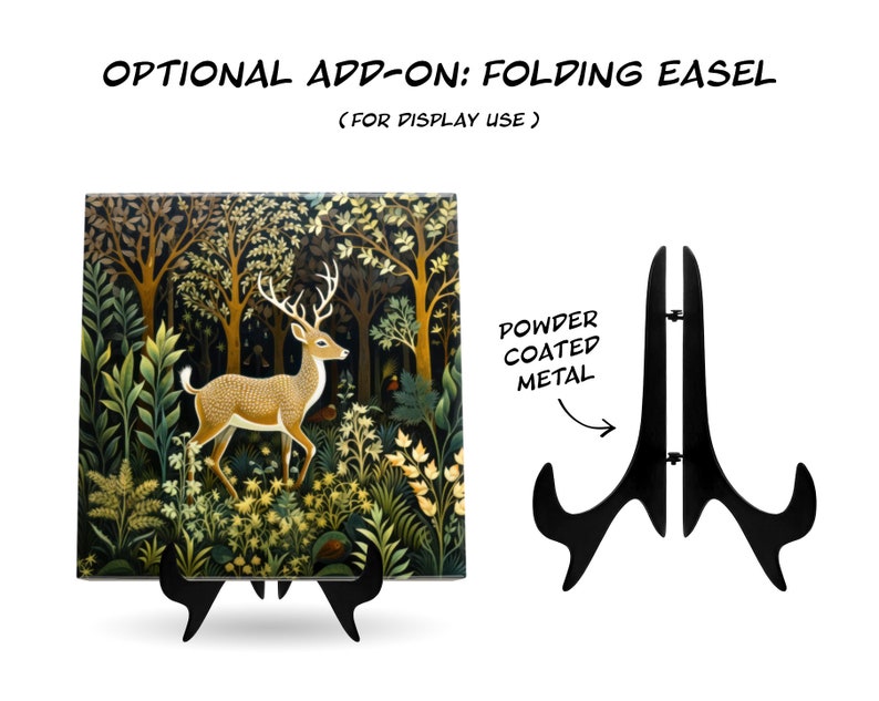 May include: A black folding easel stand made of powder coated metal. The stand is designed to display artwork or other objects. The stand is folded and ready to be used.