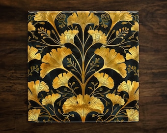 Vintage Ginkgo Ceramic Tile: Ornate Botanical Decor
