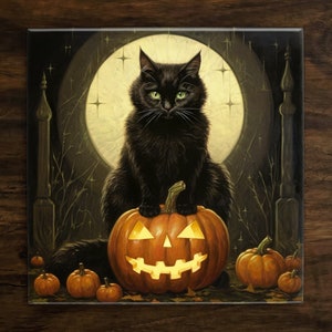 May include: A black cat sits on top of a jack-o'-lantern with a carved face. The cat is looking directly at the viewer. The background is a dark forest with a full moon and stars.