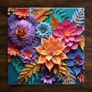 May include: A colorful paper flower arrangement with a variety of flowers in shades of pink, purple, orange, and blue. The flowers are arranged in a cluster and have a 3D effect.