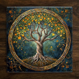 May include: A painting of a tree of life with golden leaves and a Celtic knot border. The tree is set against a dark blue background with a swirling pattern.