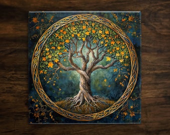 Celtic Tree of Life Yggdrasil, Art on a Glossy Ceramic Decorative Tile, Free Shipping to USA